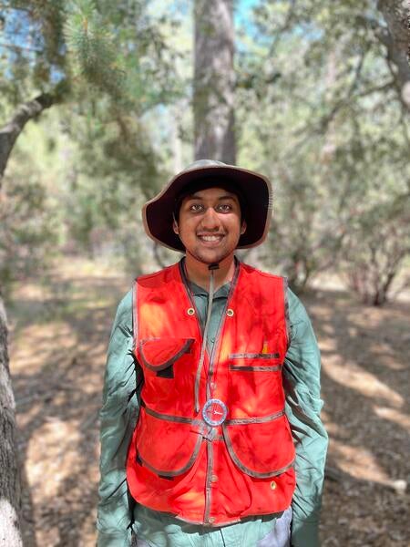 Student with flourescent vest standing in forest