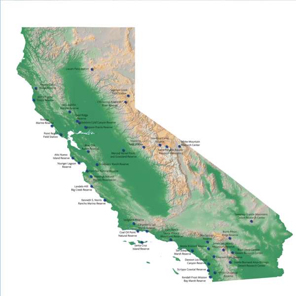 Map of California showing the location of the 42 UC Natural Reserves